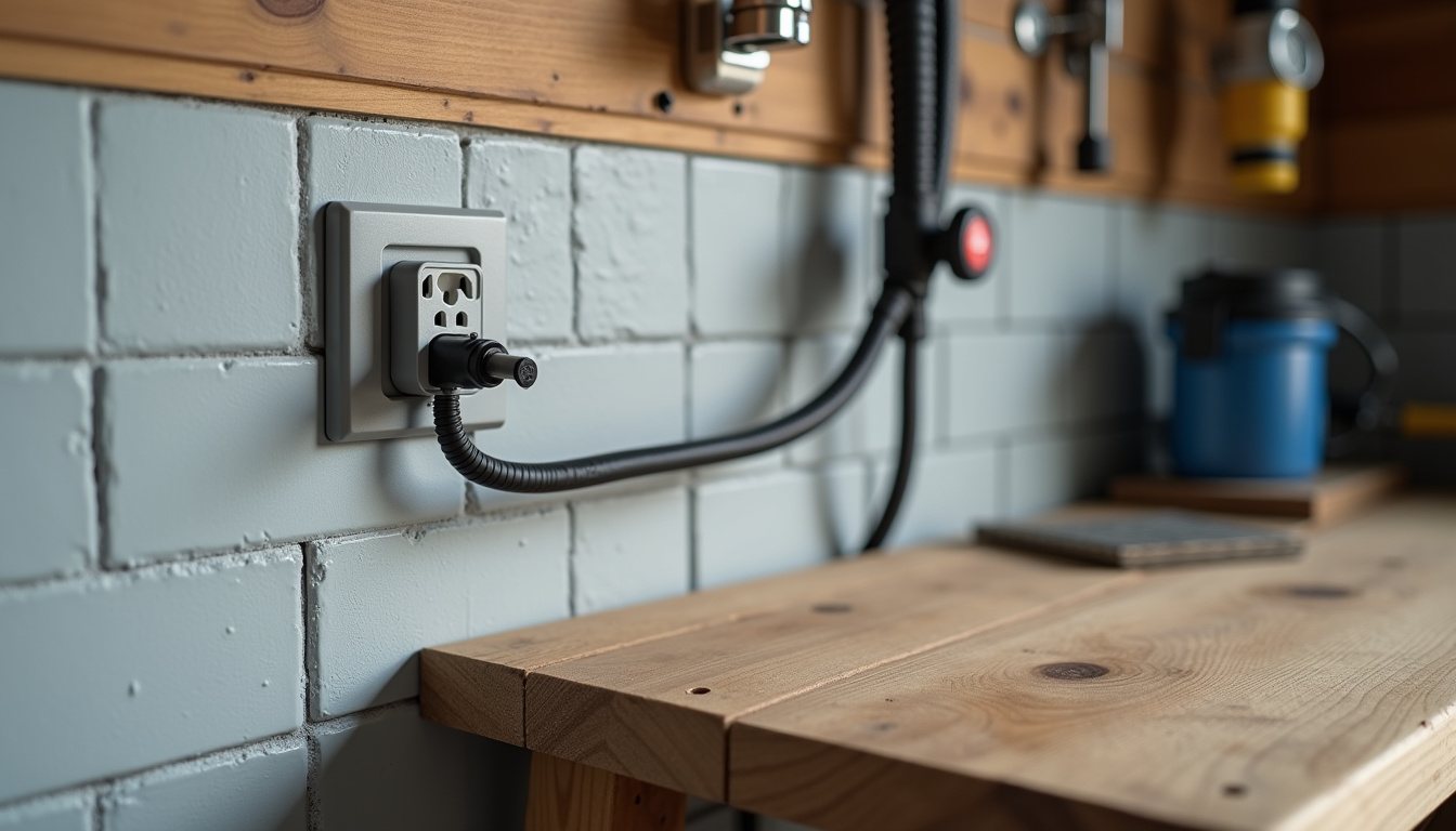 A grey metal-clad double socket mounted on a blockwork garage wall above a workbench