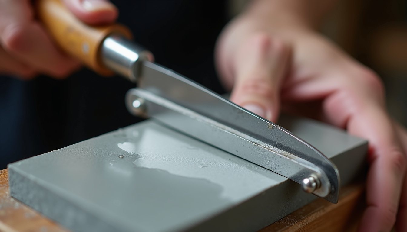 A chisel held in a honing guide on a flat sharpening stone with a film of water on its surface
